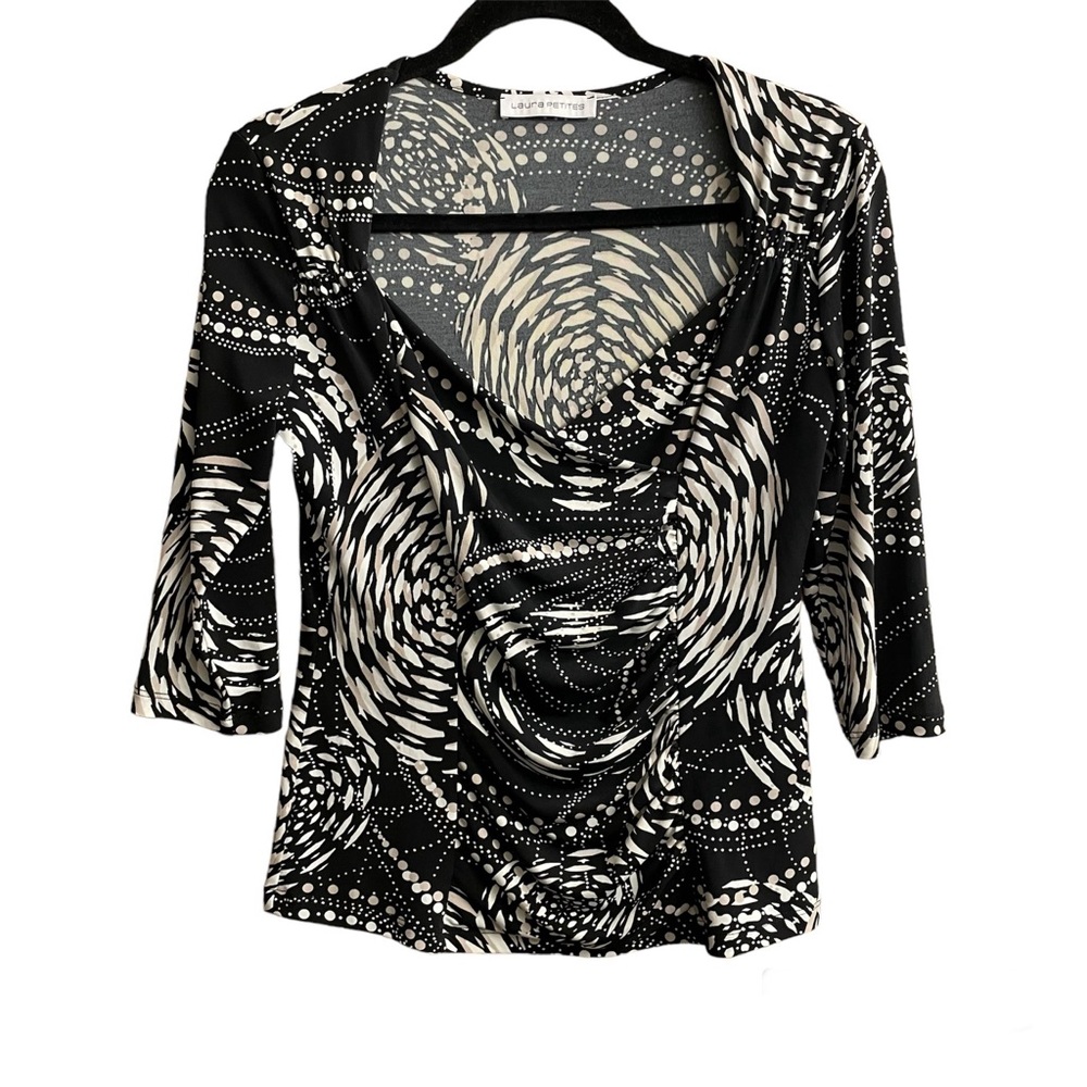 Laura Petites Women’s 3/4 Sleeve Black, White, and Brown Patterned Top Size M